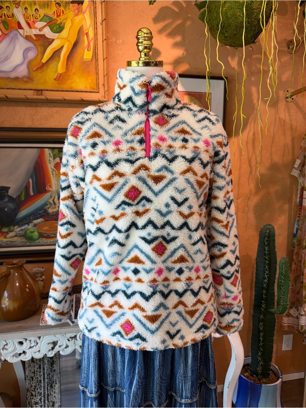 EDDIE BAUER Women’s Plush Fleece Quarter Zip Pullover Cream Vanilla Aztec